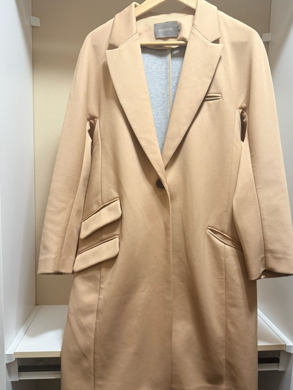 Camel Long Blazer Coat Size M | Tailored Minimalist Jacket